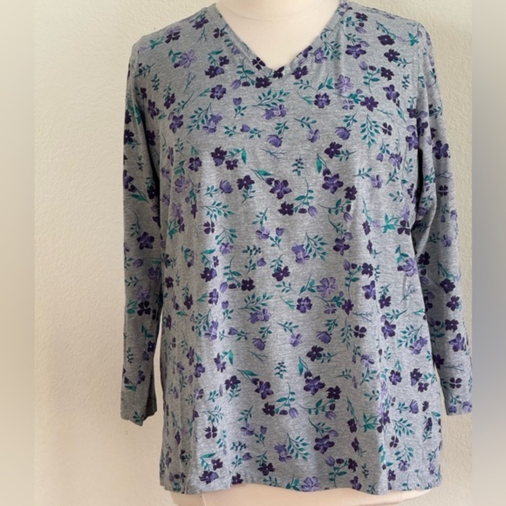 Woman Within Gray Floral Top with Purple and Teal Accents Size 1X (22/24)